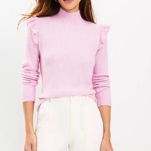 LOFT Shoulder Ruffle Mock Neck Sweater Pink